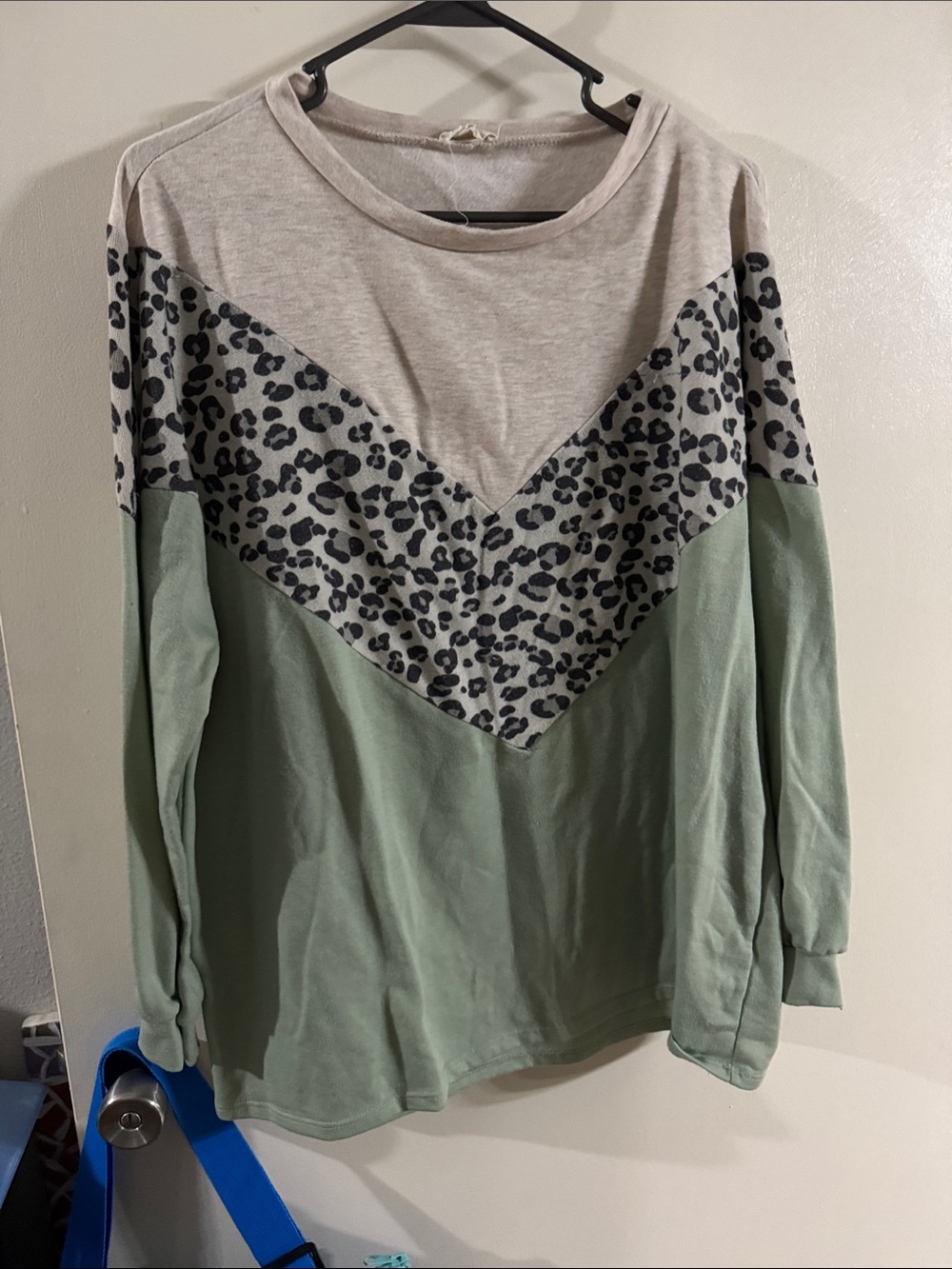 BiBi Sage Green and Cream Long Sleeve Leopard Chevron Top